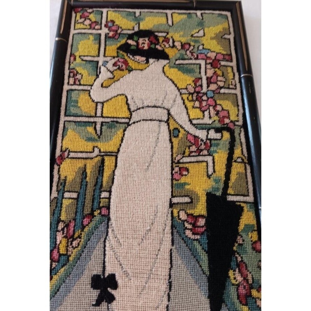 Vintage Wool Needlepoint Wall Art Nouveau Flapper Lady Framed 10x20
